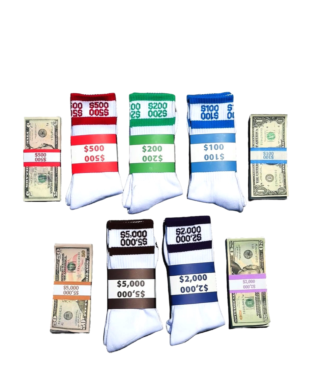 Assorted Bank of Argent Money Socks and cash bundles